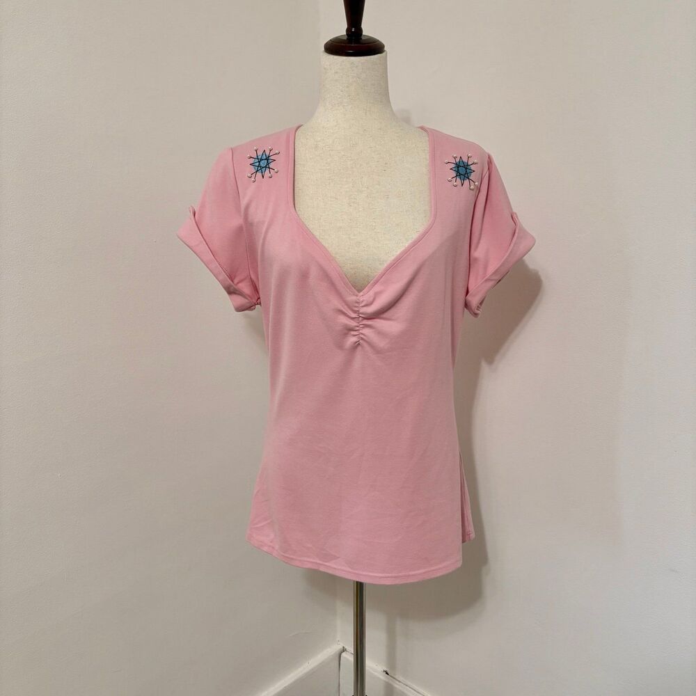 Sourpuss Pink Ramona V-neck Embroidered Shirt Sz XXL